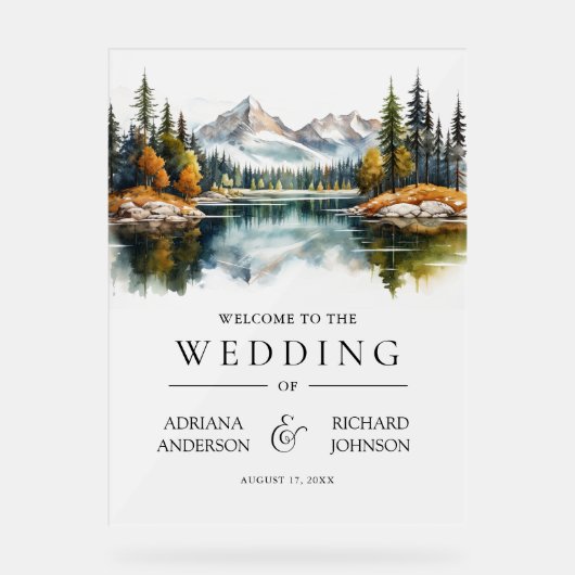 Fall Mountain Forest Lake Wedding Welcome アクリルサイン (正面)