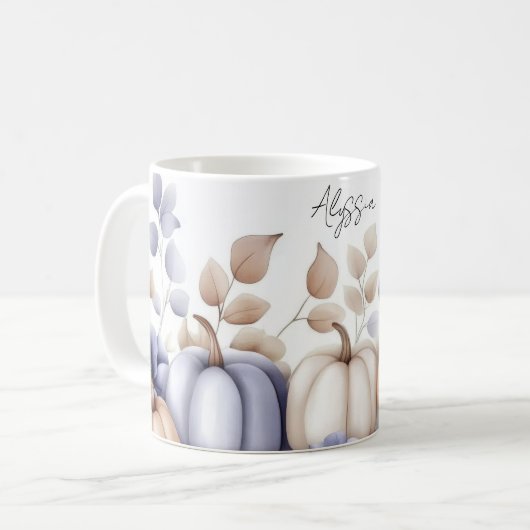 Fall Mug with blue and beige Pumpkins and Flowers コーヒーマグカップ (正面左)