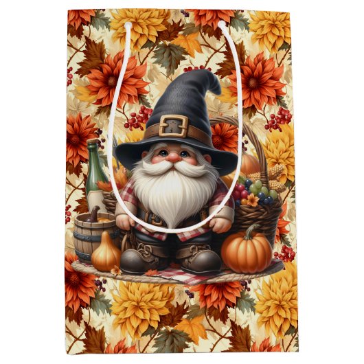 Fall Orange Flowers With Thanksgiving Gnome ミディアムペーパーバッグ (正面)