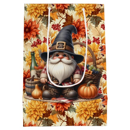 Fall Orange Flowers With Thanksgiving Gnome ミディアムペーパーバッグ (裏面)