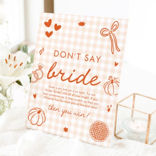 Fall Orange Gingham Hand Drawn Don't Say Bride 台座サイン
