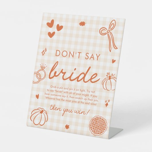 Fall Orange Gingham Hand Drawn Don't Say Bride 台座サイン (正面)
