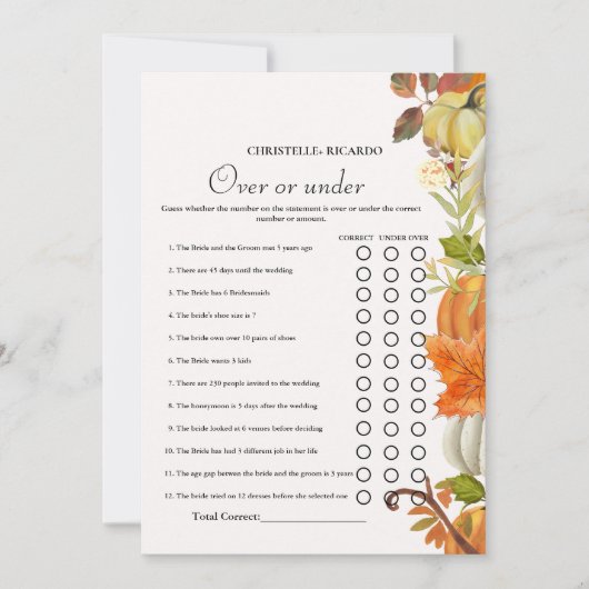 Fall Over or under bridal shower game Card 案内状 (正面)