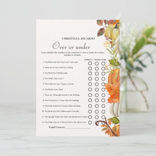 Fall Over or under bridal shower game Card 案内状 (スタンド正面)