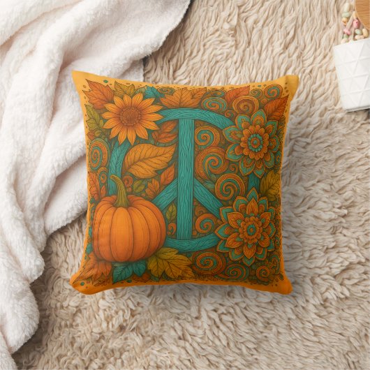 Fall Peace Sign Pumpkins Turquoise & Orange Pillow クッション (ブランケット)