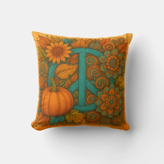 Fall Peace Sign Pumpkins Turquoise & Orange Pillow クッション (正面)