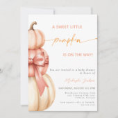 Fall Pink Bow Little Pumpkin Baby Shower QR Code 招待状 (正面)