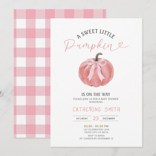 Fall Pink Bow Pumpkin Baby Shower  招待状 (正面/裏面)