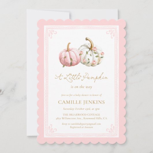Fall Pink Pumpkin Baby Shower Invite 招待状 (正面)