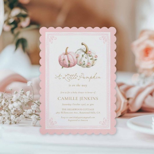 Fall Pink Pumpkin Baby Shower Invite 招待状