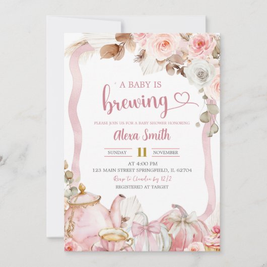  Fall Pumpkin Boho Coquette A Baby is Brewing Tea  招待状 (正面)