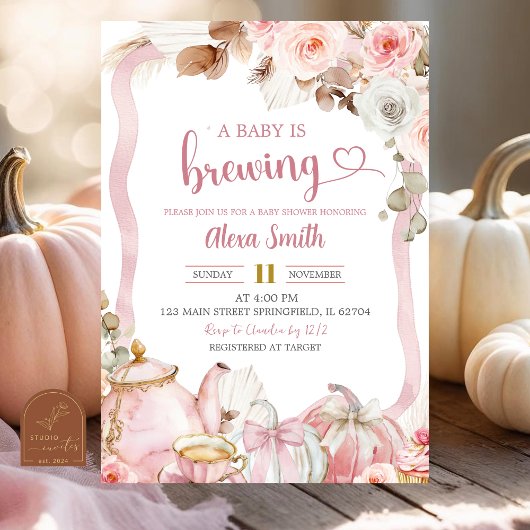  Fall Pumpkin Boho Coquette A Baby is Brewing Tea  招待状