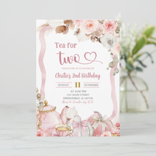 Fall Pumpkin Boho Coquette Pink Tea for 2 Birthday 招待状 (スタンド正面)