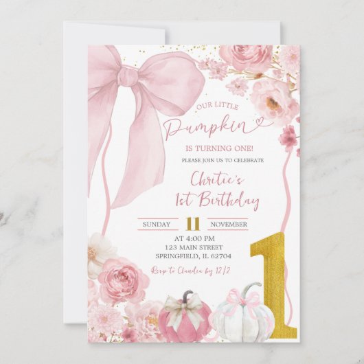 Fall Pumpkin Bow Pink Coquette Floral Birthday 招待状 (正面)