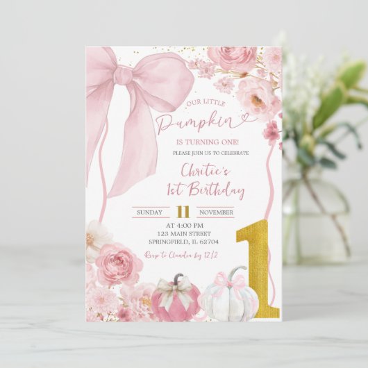 Fall Pumpkin Bow Pink Coquette Floral Birthday 招待状 (スタンド正面)