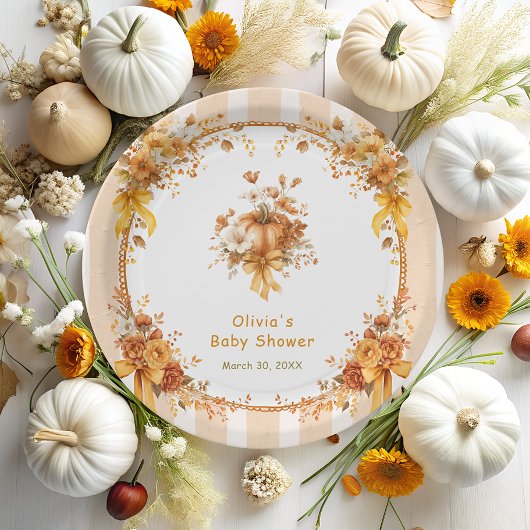 Fall Pumpkin Floral Bow Baby Shower ペーパープレート