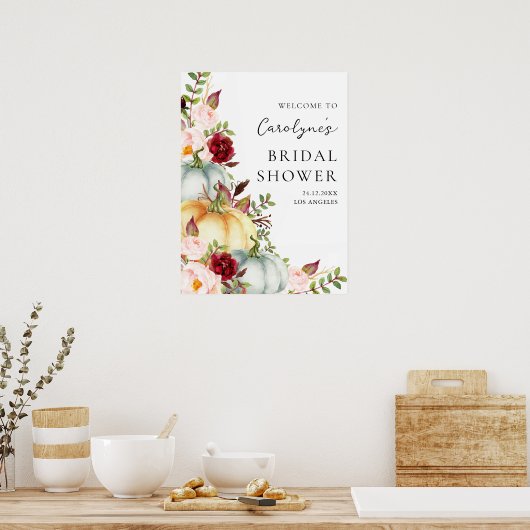 Fall Pumpkin Floral Bridal Shower Welcome Sign ポスター (キッチン)