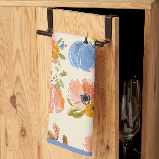 Fall Pumpkin & Floral Pattern Watercolor キッチンタオル (三つ折り)