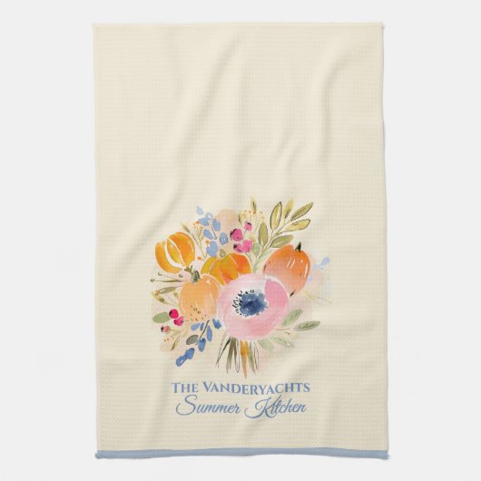 Fall Pumpkin & Floral Watercolor キッチンタオル (縦)