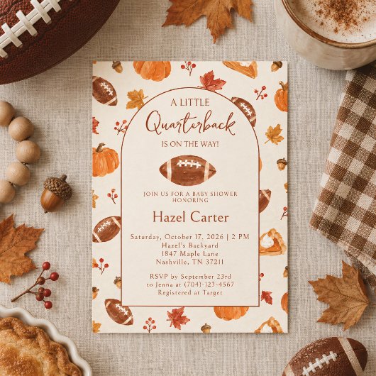 Fall Pumpkin Football Boy Quarterback Baby Shower 招待状