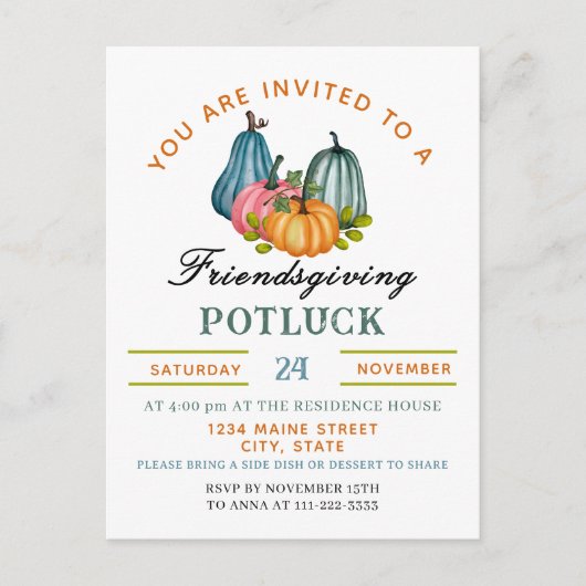 Fall Pumpkin Friendsgiving Potluck Invitation ポストカード (正面)