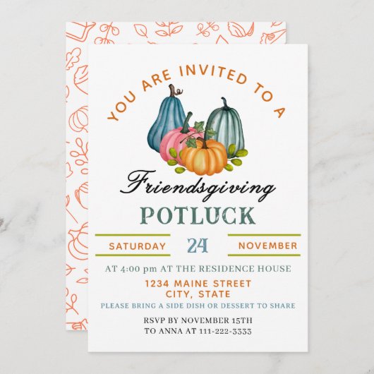 Fall Pumpkin Friendsgiving Potluck Invitation 招待状 (正面/裏面)