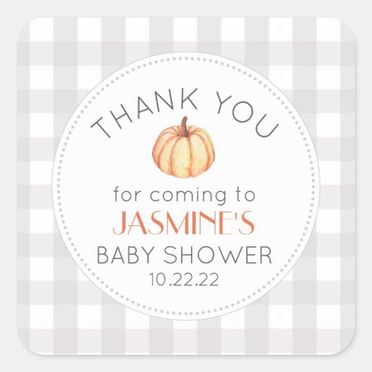 Fall pumpkin gingham neutral baby shower favor スクエアシール (正面)