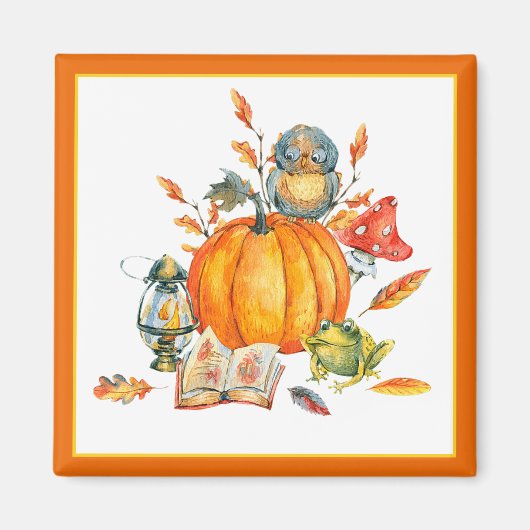 Fall Pumpkin owl and frog マグネット (正面)