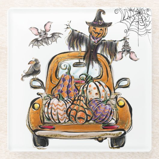 Fall Pumpkin Patch Truck with bats scarecrow bird  ガラスコースター (正面)