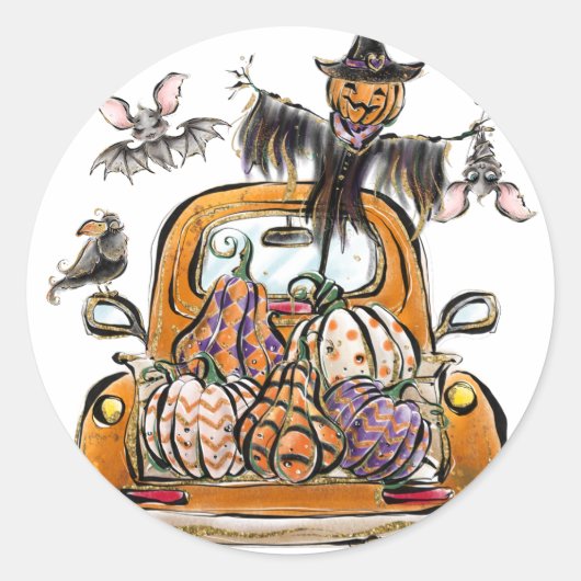 Fall Pumpkin Patch Truck with bats scarecrow bird  ラウンドシール (正面)