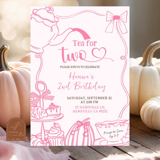 Fall Pumpkin PINK Scribble Hand Drawn Tea for Two  招待状