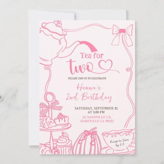 Fall Pumpkin PINK Scribble Hand Drawn Tea for Two  招待状 (正面)