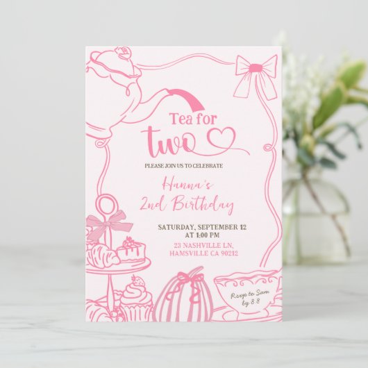 Fall Pumpkin PINK Scribble Hand Drawn Tea for Two  招待状 (スタンド正面)