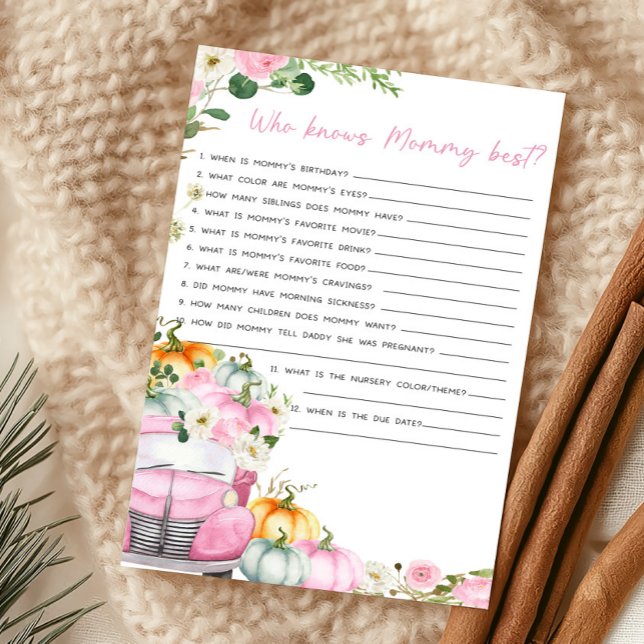 Fall Pumpkin Pink Truck Who Knows Mommy Best Game (Little Pumpkin Pink Truck Baby Shower Who Knows Mommy Best Game)