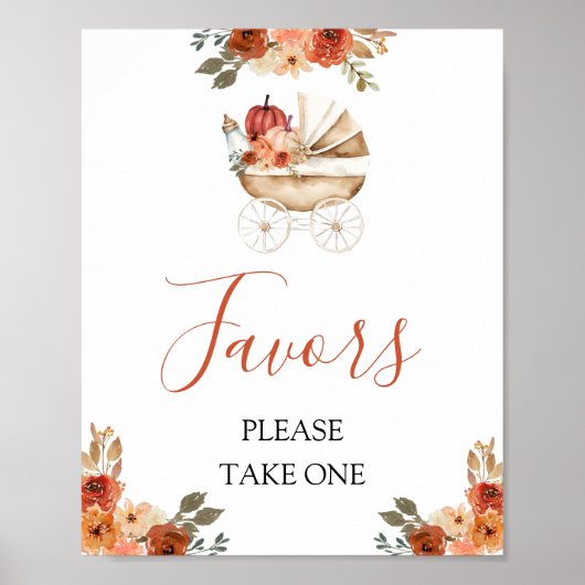 Fall Pumpkin Stroller Floral Baby Shower Favors ポスター (正面)