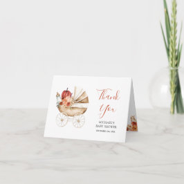 Fall Pumpkin Stroller Floral Baby Shower Folded サンキューカード