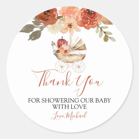Fall Pumpkin Stroller Floral Baby Shower Thank You ラウンドシール (正面)