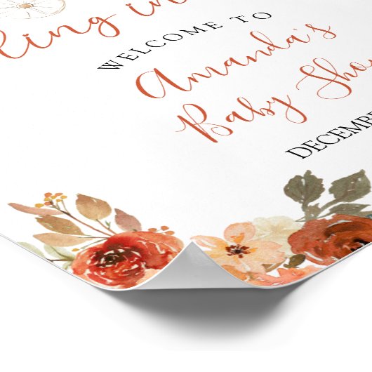 Fall Pumpkin Stroller Floral Baby Shower Welcome ポスター (角)