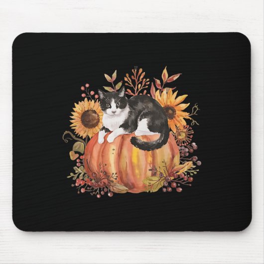 Fall Pumpkin Tuxedo Cat Sunflower Thanksgiving Sok マウスパッド (正面)