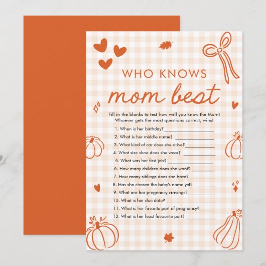 Fall Pumpkin Who Knows Mom Best ベビーシャワーゲーム 招待状 (正面/裏面)