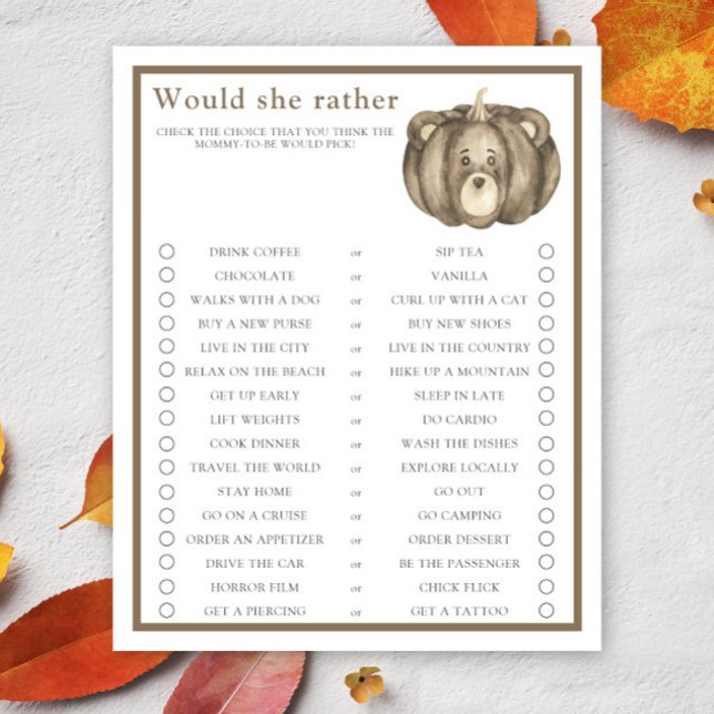 Fall pumpkin / Would She Rather ベビーシャワーゲーム (クリエイターアップロード済み)