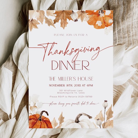 Fall Pumpkins and Leaves Thanksgiving Dinner  招待状