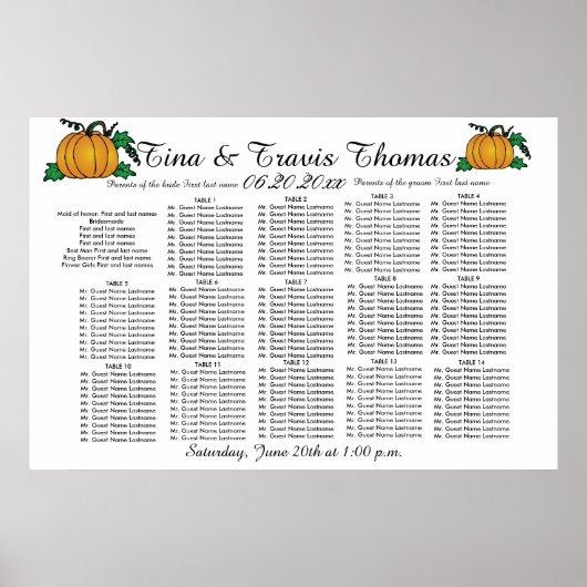 Fall Pumpkins Party Wedding Guests Seating Charts ポスター (正面)