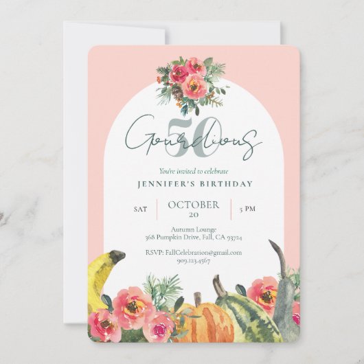 Fall Pumpkins Pink Gourdious 50th Birthday Party  招待状 (正面)