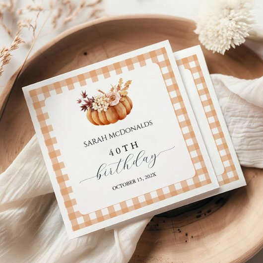 Fall Rustic Pumpkin Woman Birthday Napkins | Plaid スタンダードカクテルナプキン