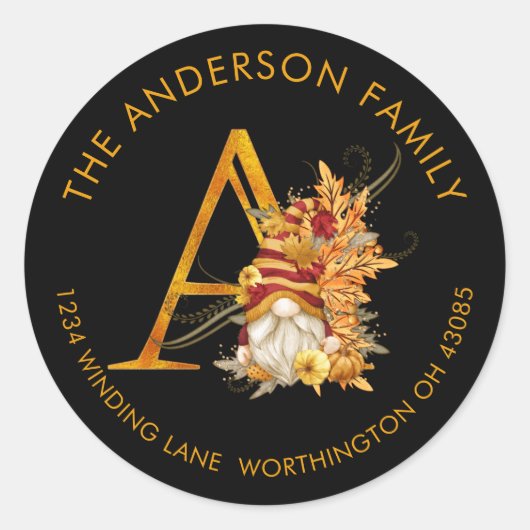 Fall Season Gnome Monogram Letter A Address Label ラウンドシール (正面)