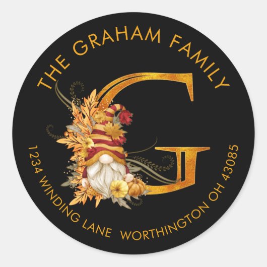 Fall Season Gnome Monogram Letter G Address Label ラウンドシール (正面)