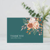 Fall Teal Watercolor Terracotta Floral wedding サンキューカード (スタンド正面)