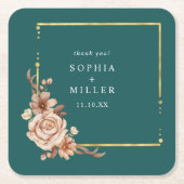Fall Teal Watercolor Terracotta Floral wedding スクエアペーパーコースター (正面)