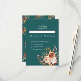 Fall Teal Watercolor Terracotta Floral wedding 出欠カード